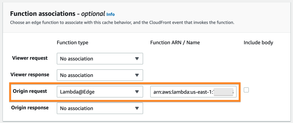 AWS console configuration of Lambda@Edge as origin request