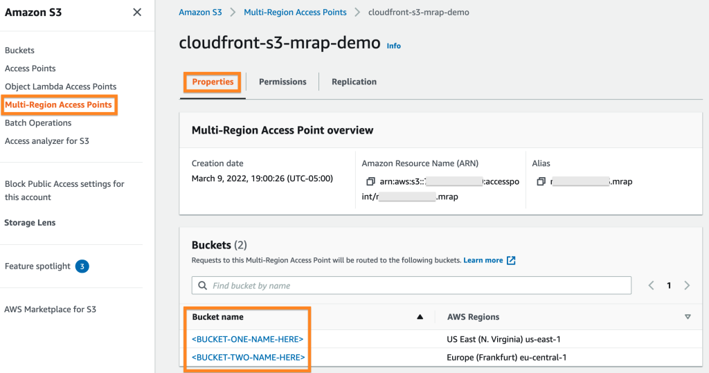 AWS console configuration of S3 Multi-Region Access Point assocciation with two Amazon S3 buckets