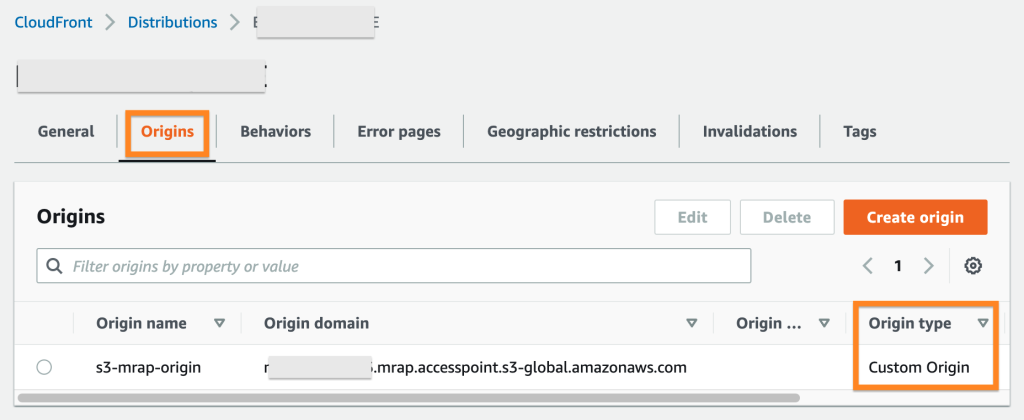 AWS console view of the S3 Multi-Region Access Points configuration as CloudFront custom origin