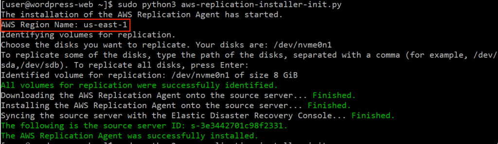During agent installation - specify the AWS Region for my DR site, and then it starts the installation process automatically without further credentials