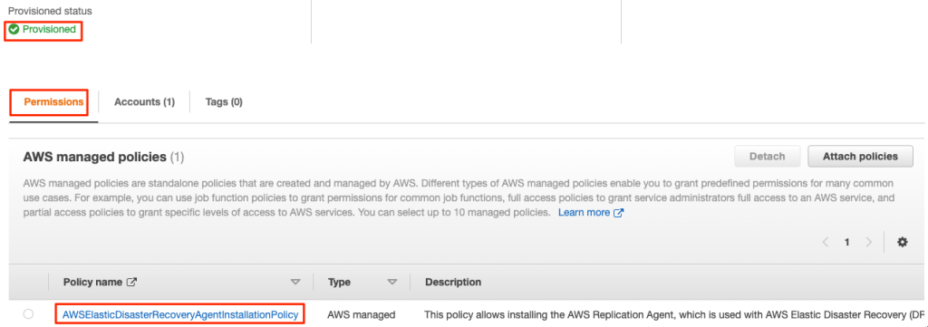 I choose a custom permissions set and select AWSElasticDisasterRecoveryAgentInstallationPolicy for the permissions.