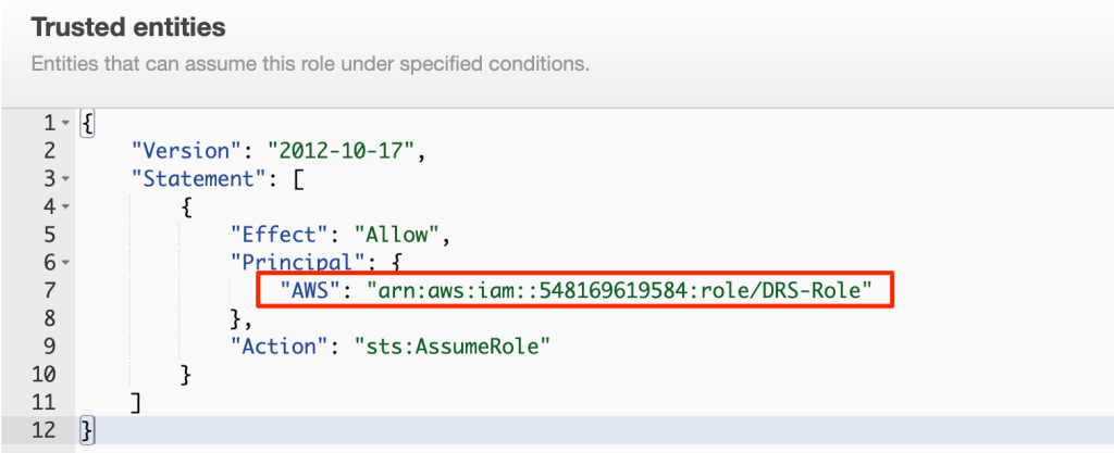 In the policy, I locate the Principal section and add the ARN for the DRS-Role
