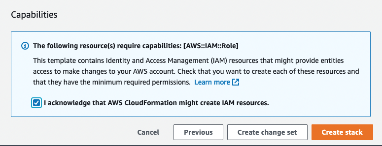 This screen allows you to review the CloudFormation option and then create the CloudFormation stack
