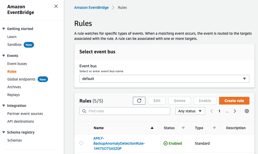 This shows the Amazon EventBridge rule created by AWS CloudFormation for the default event bus