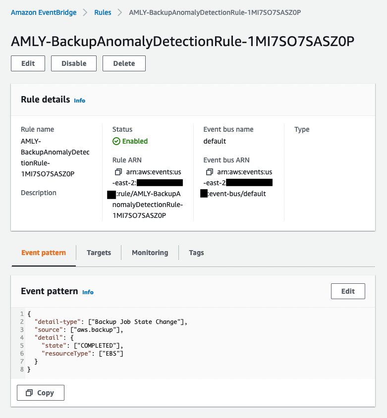 This shows the Amazon EventBridge rule pattern created by AWS CloudFormation for the default event bus