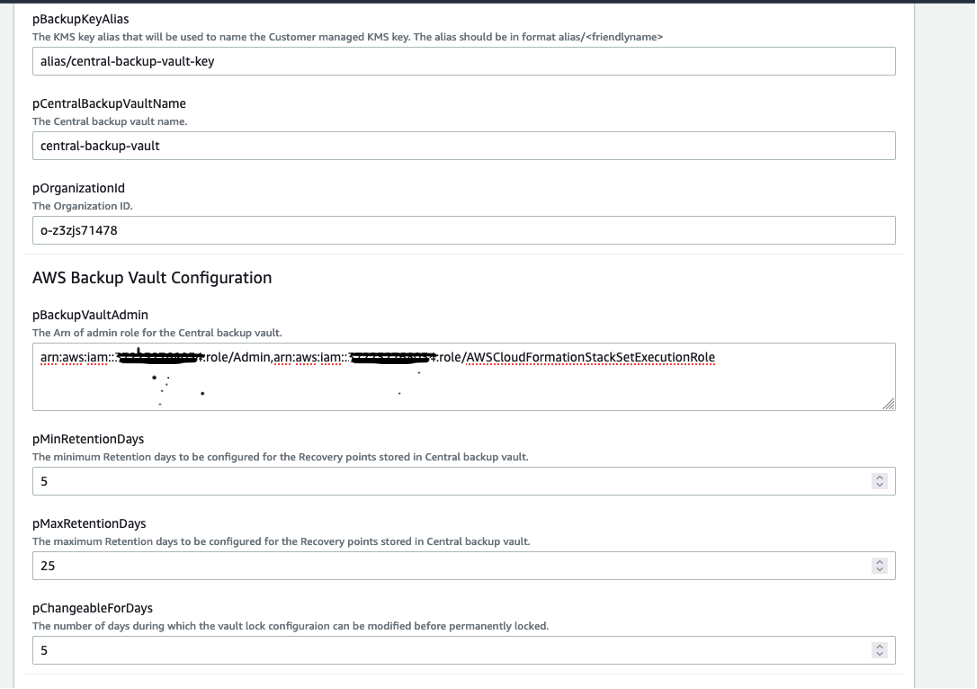 Figure 4: The example parameter values for the central backup vault Cloudformation StackSet template.