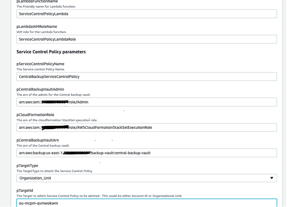 Figure 5: The example parameter values for the SCP CloudFormation template