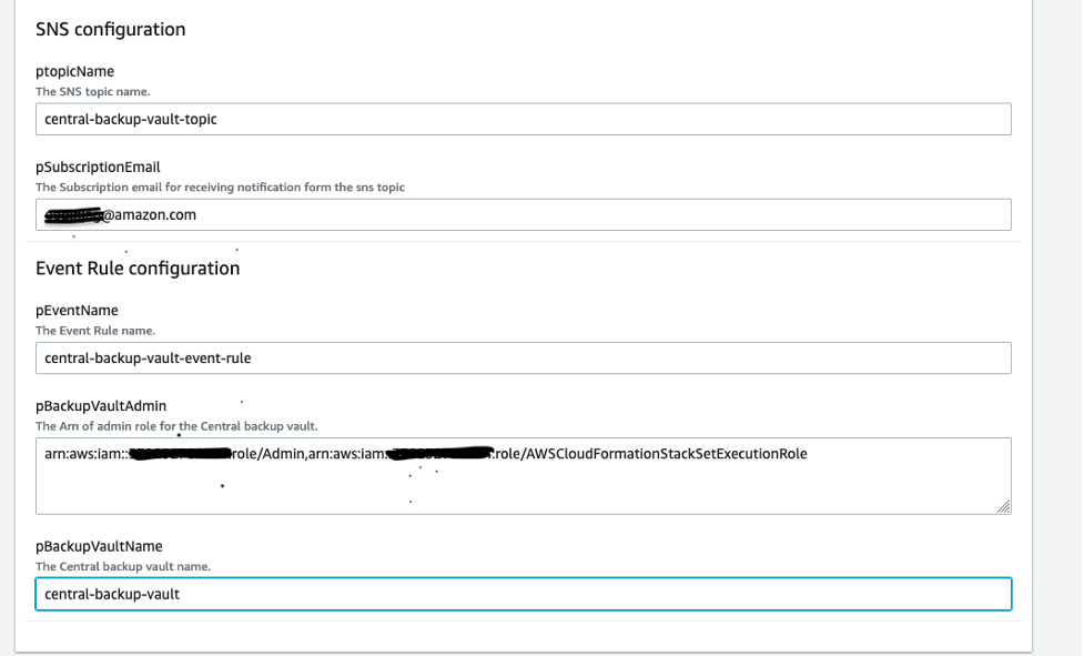 Figure 6: The example parameter values for the EventBridge rule CloudFormation template
