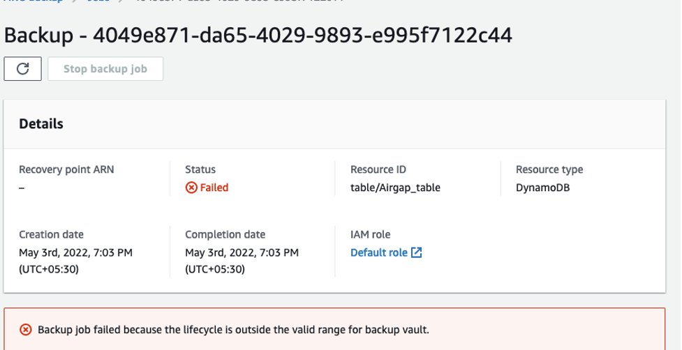 Figure 8: On-demand backup failure while validating the central immutable backup solution.