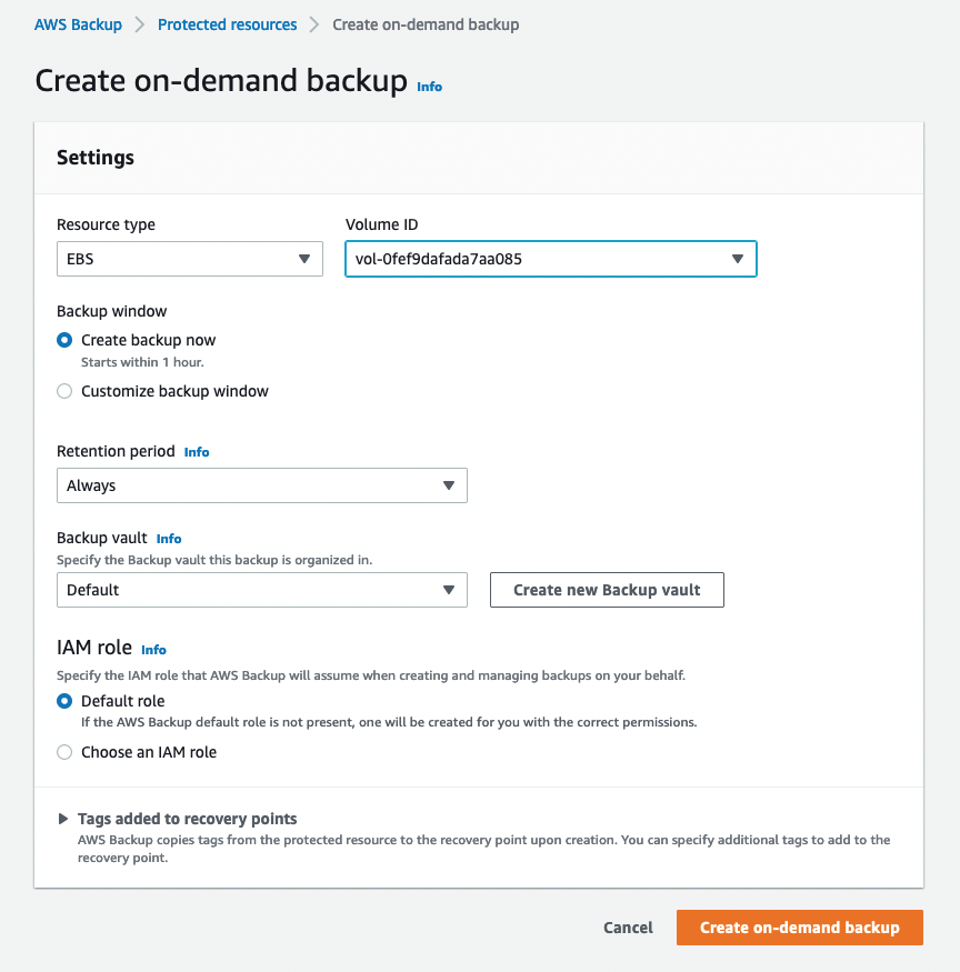 This shows the details of selecting an EBS volume for backup