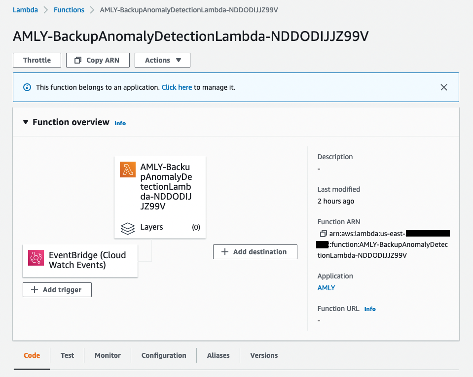 This shows the details about the AWS Lambda target, triggered by the Amazon EventBridge rule