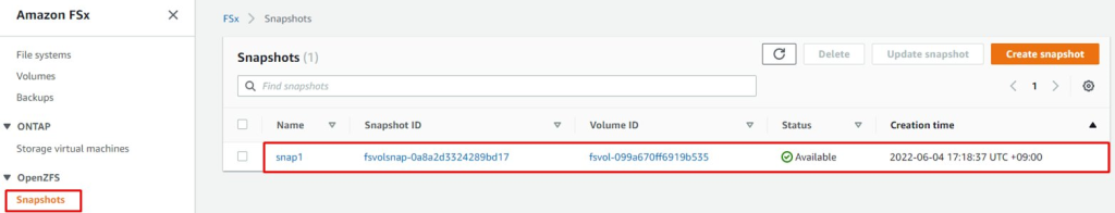 FSx for OpenZFS snapshot volume confirmation