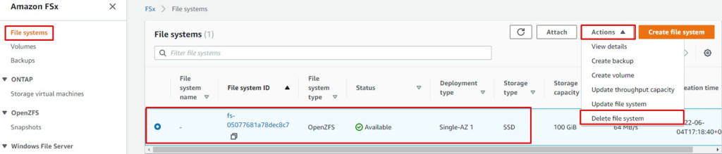 Deleting FSx for OpenZFS file system