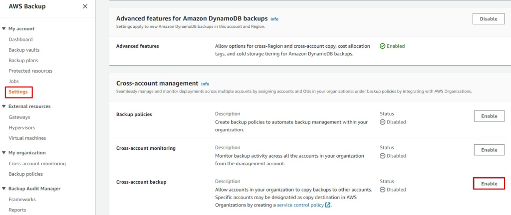 Cross-account backup activation