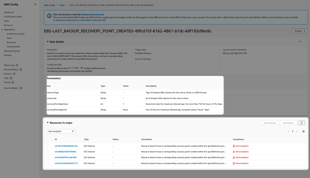 Details on the non-compliant resources, it shows multiple EBS volumes that are not compliant