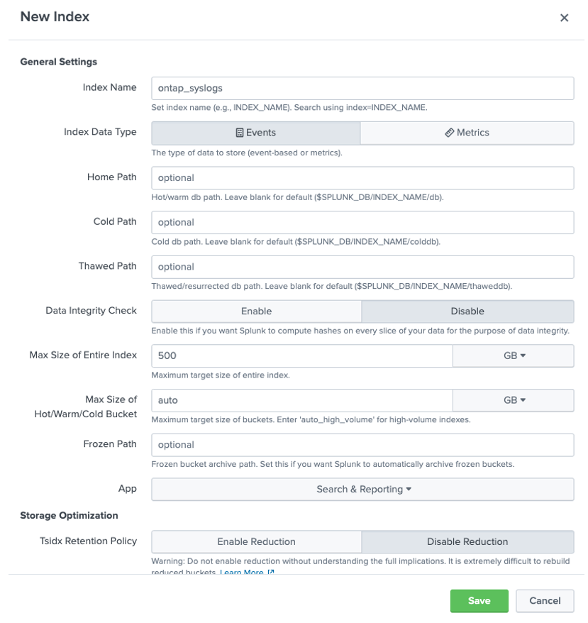 Create Splunk index for logs