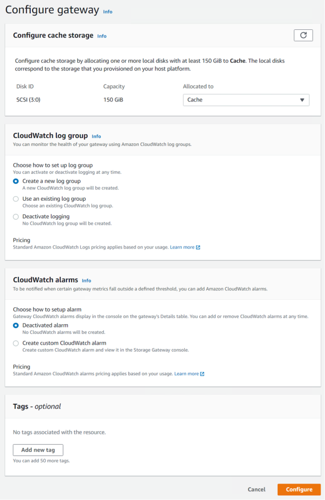 Configure gateway page in the Storage Gateway console for the gateway being setup