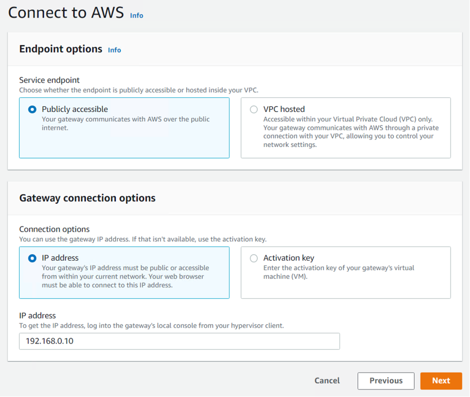 Connect to AWS page in the Storage Gateway console for the gateway to being setup