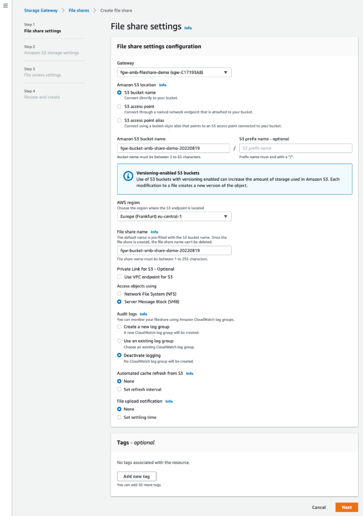 File share settings page in the Storage Gateway console for the file share being created