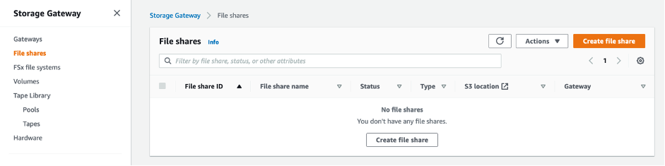File shares being selected from the left menu and showing buttons to Create file share