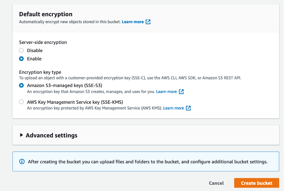 lower part of Create bucket page in the Amazon S3 console containing