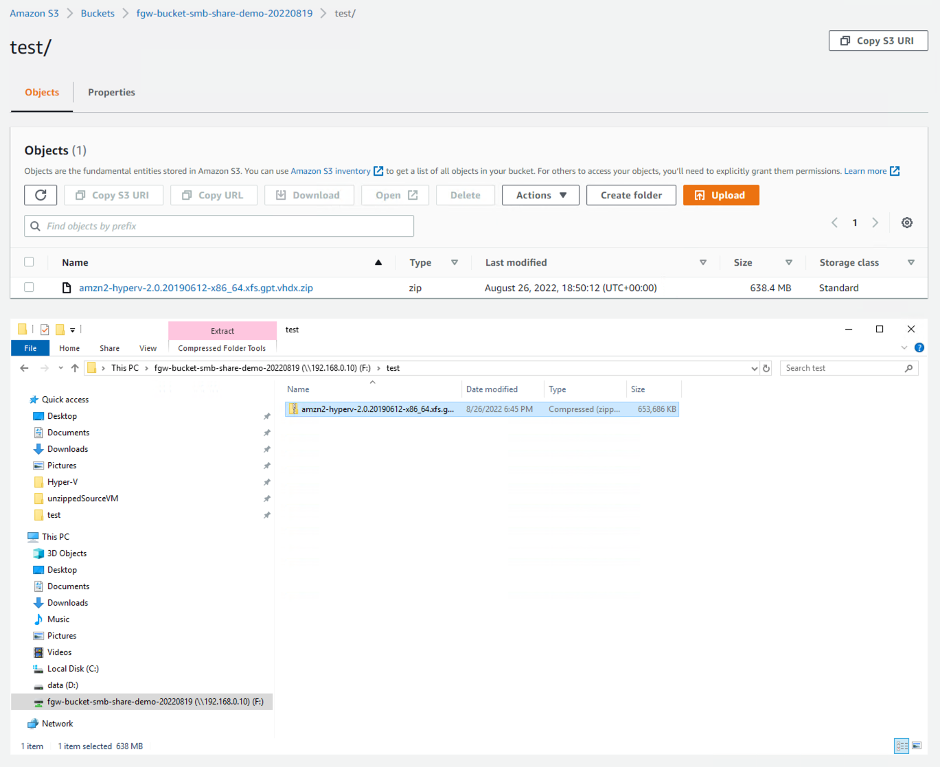 object in test folder of Amazon S3 bucket of the created file share and file in Windows Explorer 