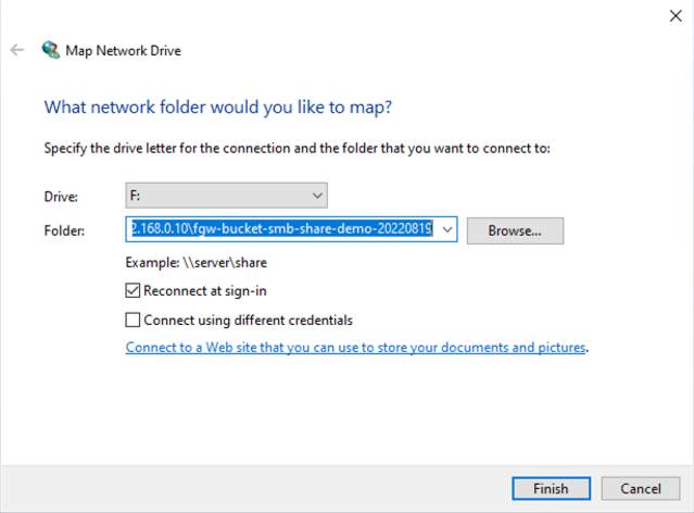 Windows Map Network Drive wizard setting up a network drive forthe created file share at the local gateway VM