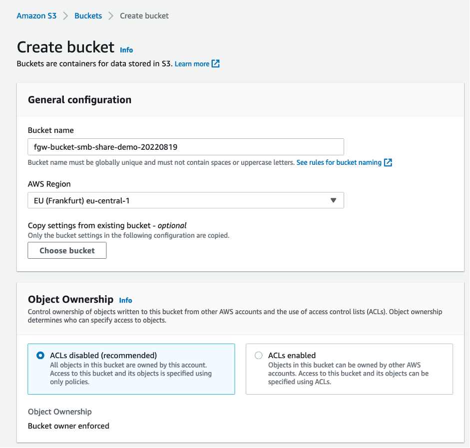 lower part of Create bucket page in the Amazon S3 console 