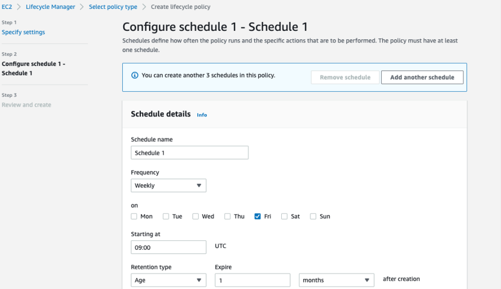 Setup creation schedule step 1