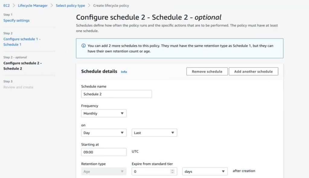 Setup creation schedule step 2