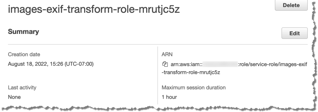 IAM role for the images-exif-transform AWS Lambda function. Note the Amazon Resource Name (ARN)