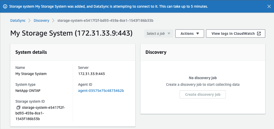 My Storage system connecting to DataSync - console screenshot