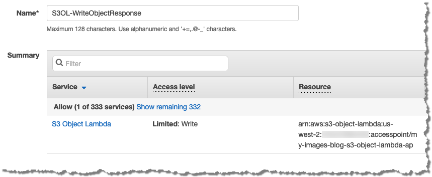 Create an inline IAM policy that allows the AWS Lambda function access to write the response back to Amazon S3 Object Lambda