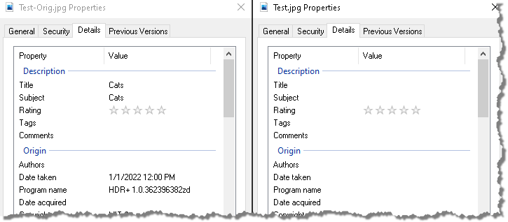 Comparison of the original image and the image downloaded through this solution via Amazon CloudFront. The original image has EXIF data while the downloaded image does not