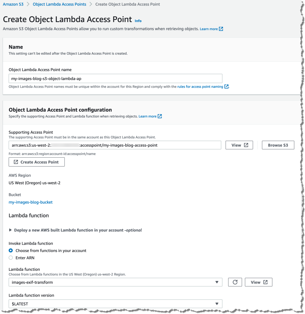 Create an Amazon S3 Object Lambda Access Point named my-images-blog-s3-object-lambda-ap. This is associated with the previously-created supporting access point and the images-exif-transform Lambda function