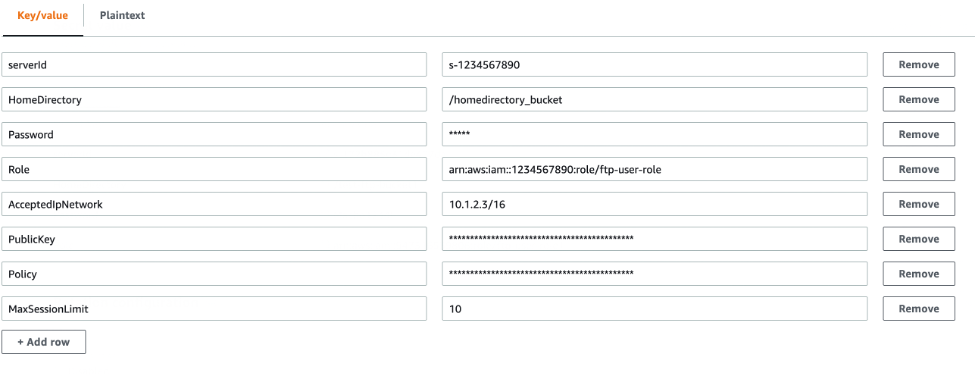 Example of the values in AWS Secrets Manager per user