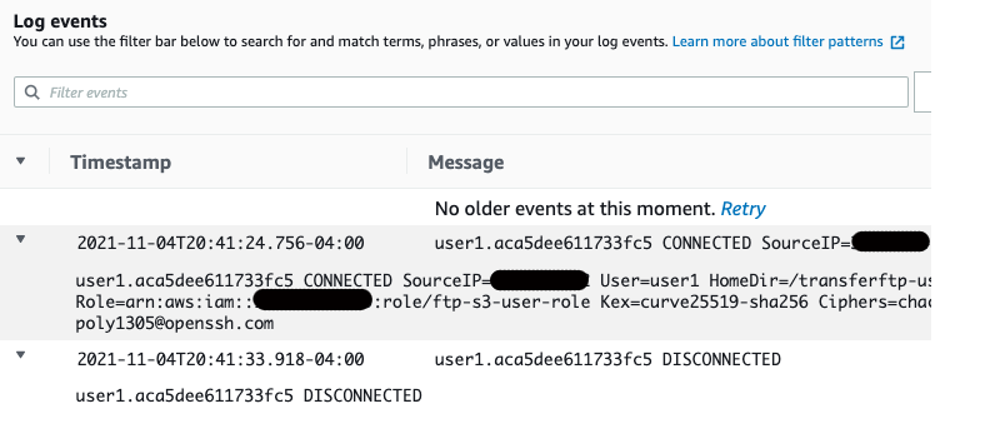 An example of log events generated from the transfer server