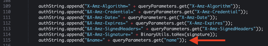 Screenshot of code that points to line 115 where the custom parameter is added to the authString