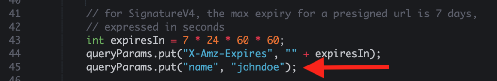 Screenshot of code that points to line 115 where the custom parameter is added to the authString