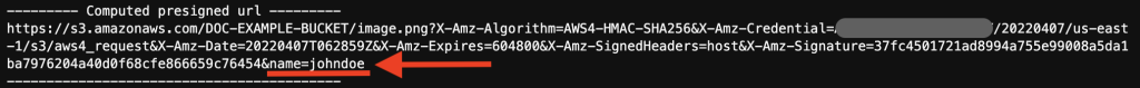Screenshot of presigned URL generated from running the code sample
