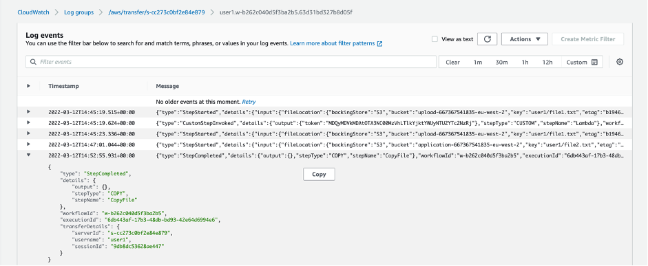 Figure 9- CloudWatch logs showing the copy step completion