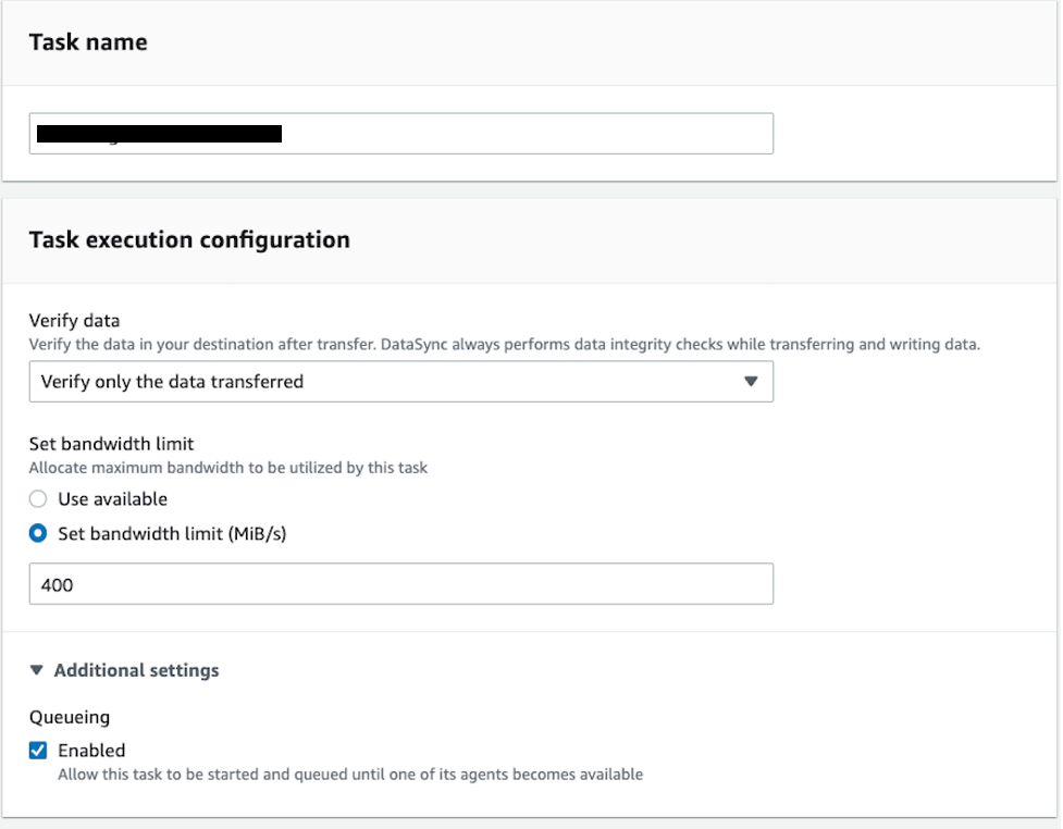 Figure 6. Bandwidth limit of DataSync Task