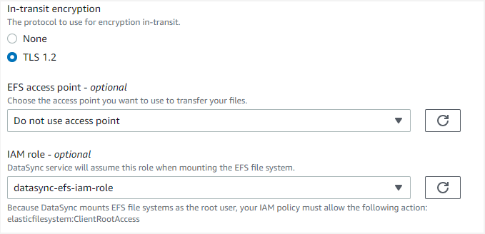 Figure 2 shows selecting an IAM role as part of a DataSync EFS location from the DataSync console.