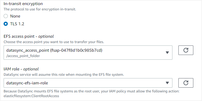 Figure 3 shows selecting an Amazon EFS access point as part of a DataSync EFS location from the DataSync console.