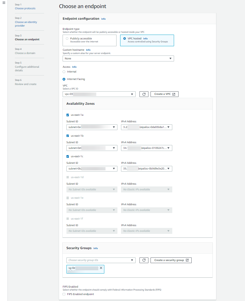 AWS Transfer Family Endpoint, Network and Security Settings