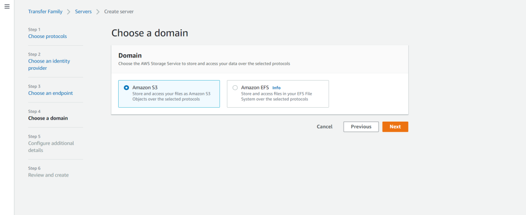 AWS Transfer Family Domain Types - Amazon S3 and Amazon EFS
