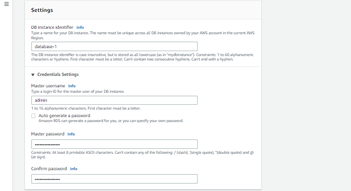 Amazon RDS DB Identifier and Admin Credentials
