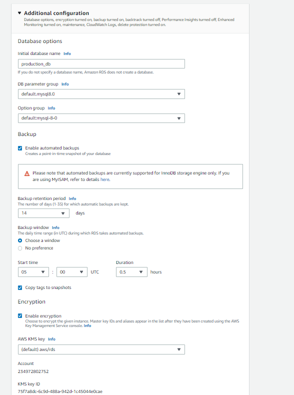 Amazon RDS Additional Settings - Database Options, Backups and Encryption