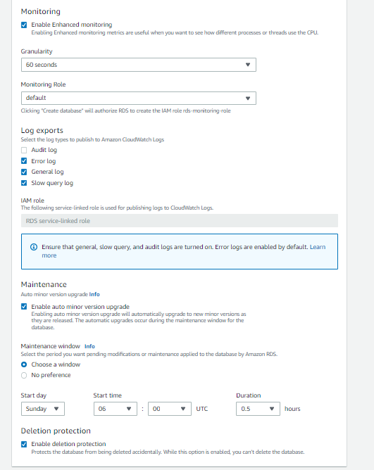 Amazon RDS Addition Settings -Monitoring, Logs and Maintenance