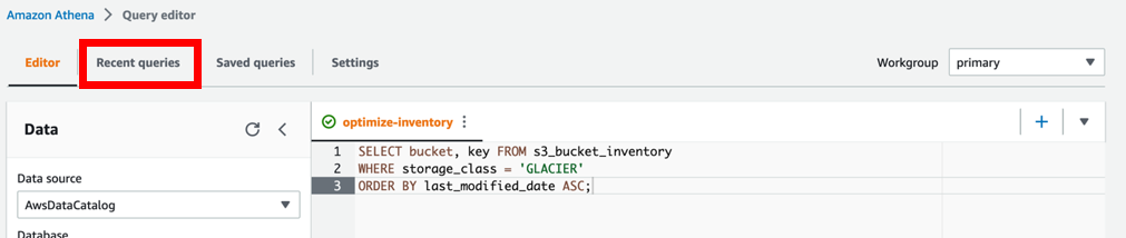 Amazon Athena Recent Queries